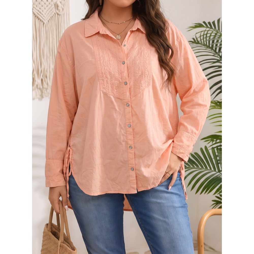We The Free Free People Boho Tunic Lace Bib Top Peach XL Oversized Button Down